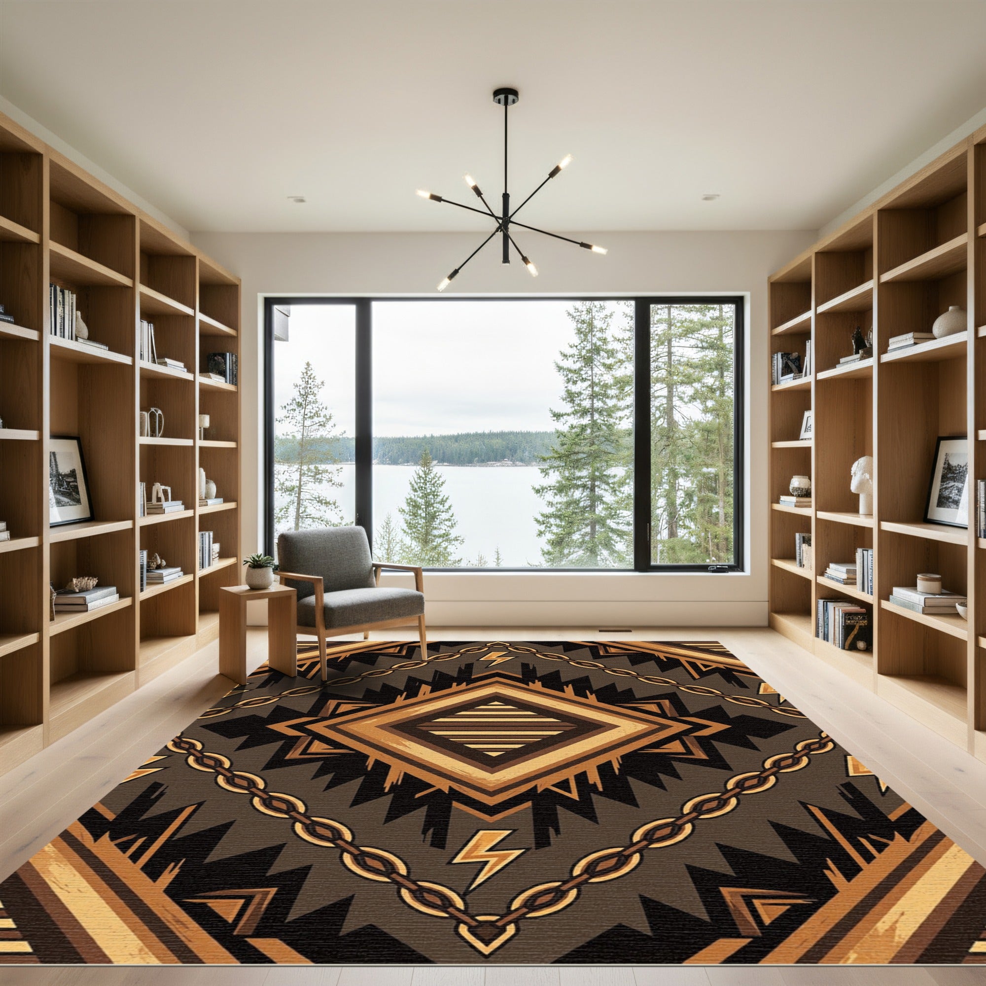 Earthy Geometric Thunderbolt Chain Rug
