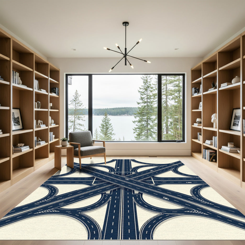 Geometric Navy Highway Interchange Map Rug