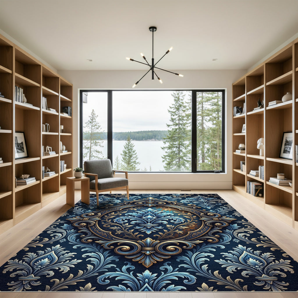Elegant Navy Golden Damask Fleur-de-lis Rug