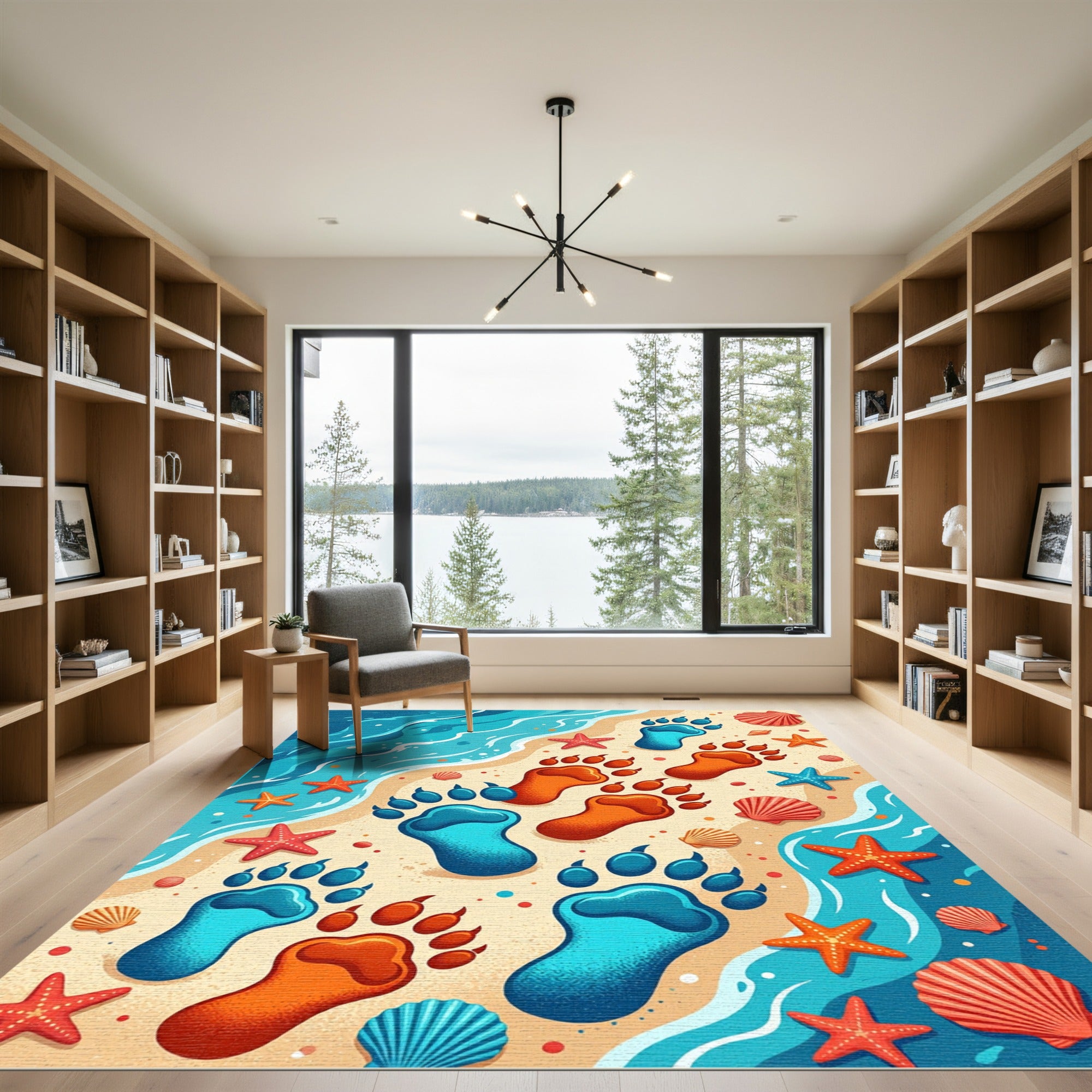 Playful Blue Orange Paw Print Shore Rug