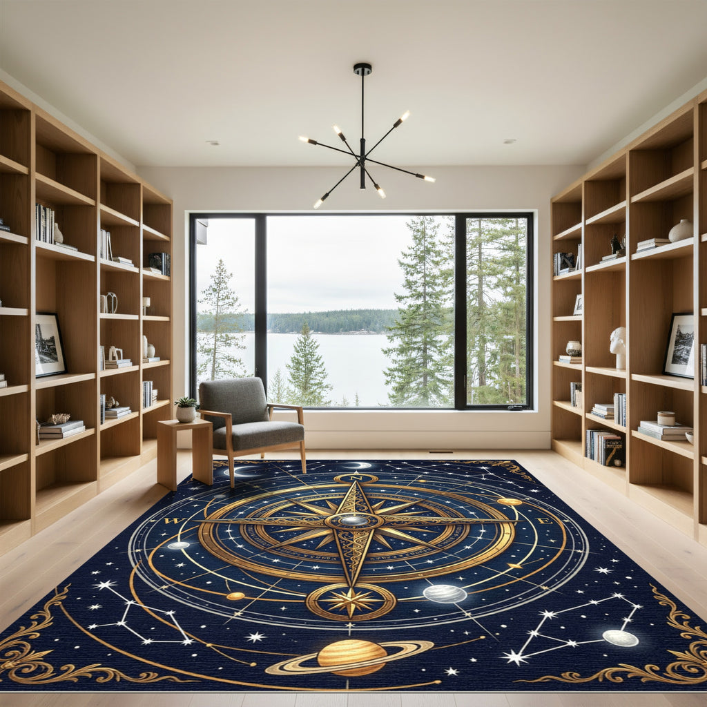 Golden Celestial Compass Starry Night Rug