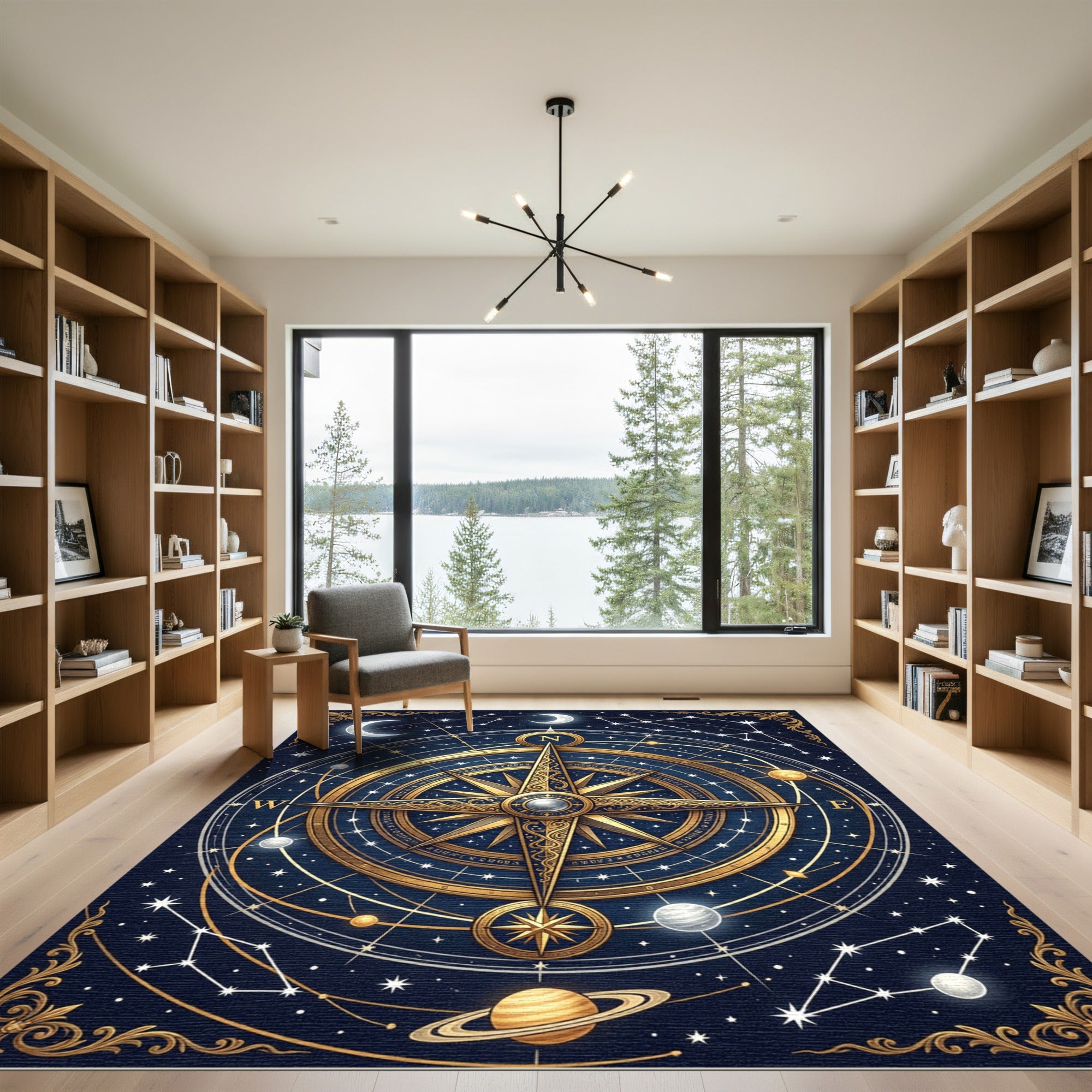Golden Celestial Compass Starry Night Rug