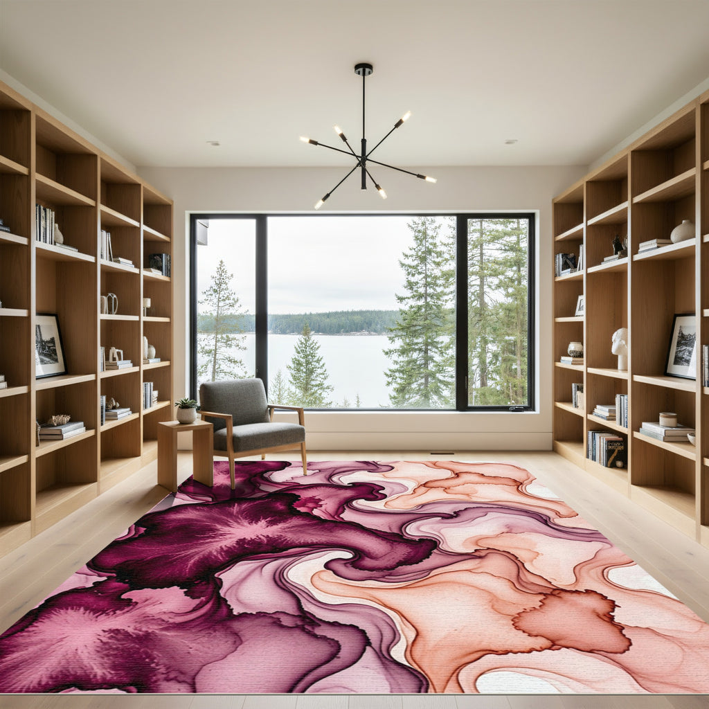 Abstract Burgundy and Peach Fluid Wave Rug