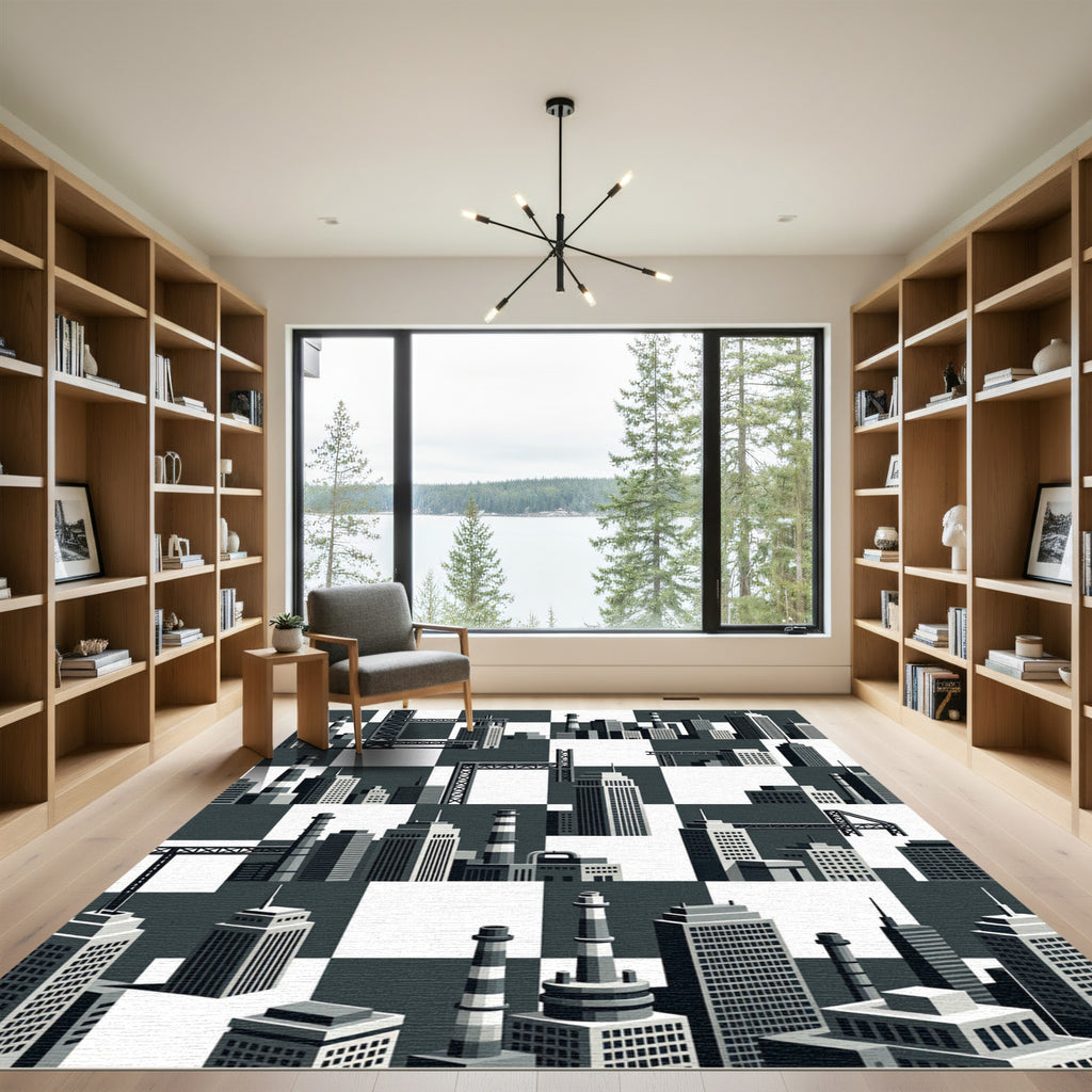 Monochrome Cityscape Industrial Towers Rug