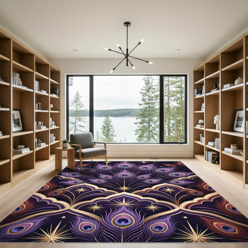Elegant Purple Peacock Feather Gold Art Rug