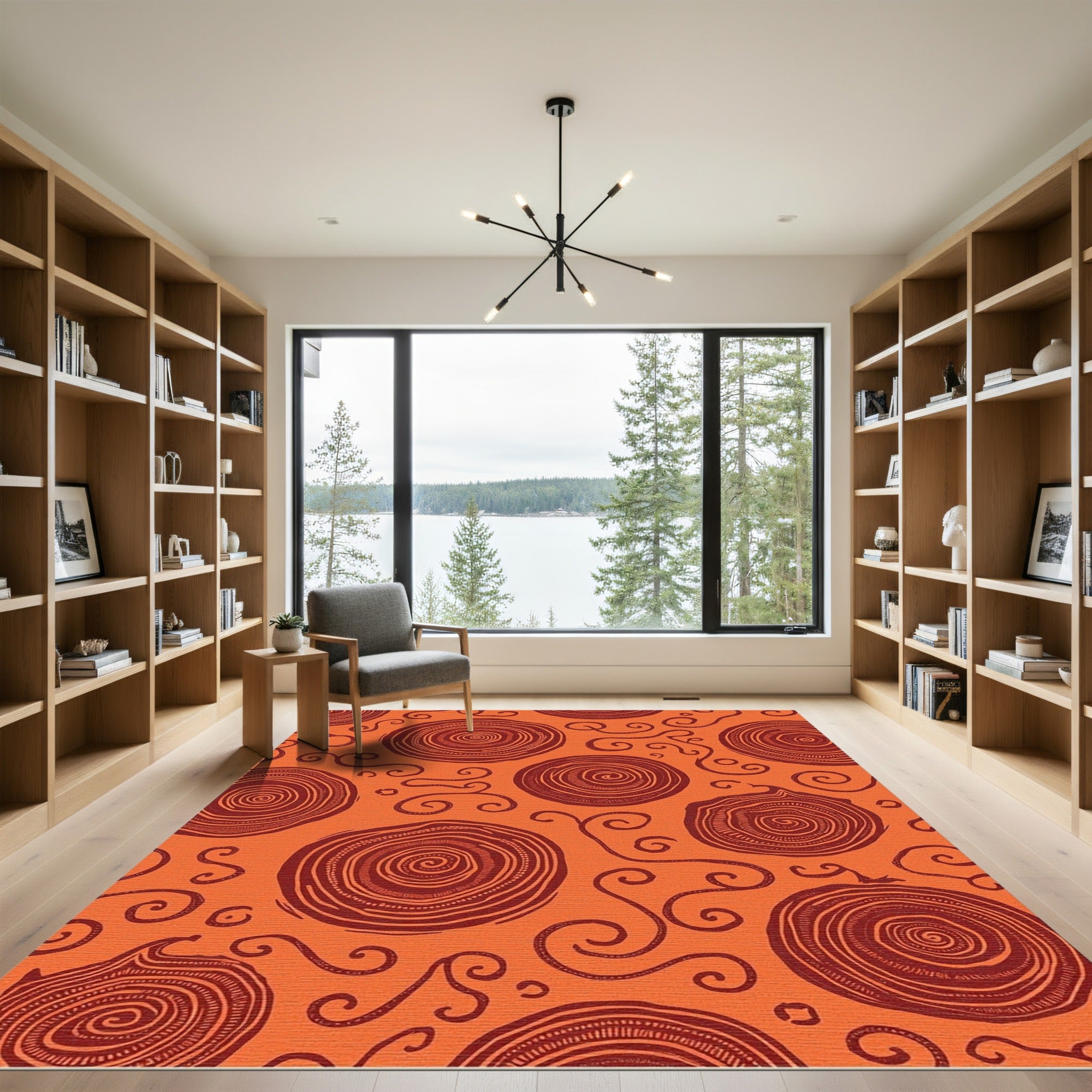 Earthy Orange Swirls Concentric Circles Rug
