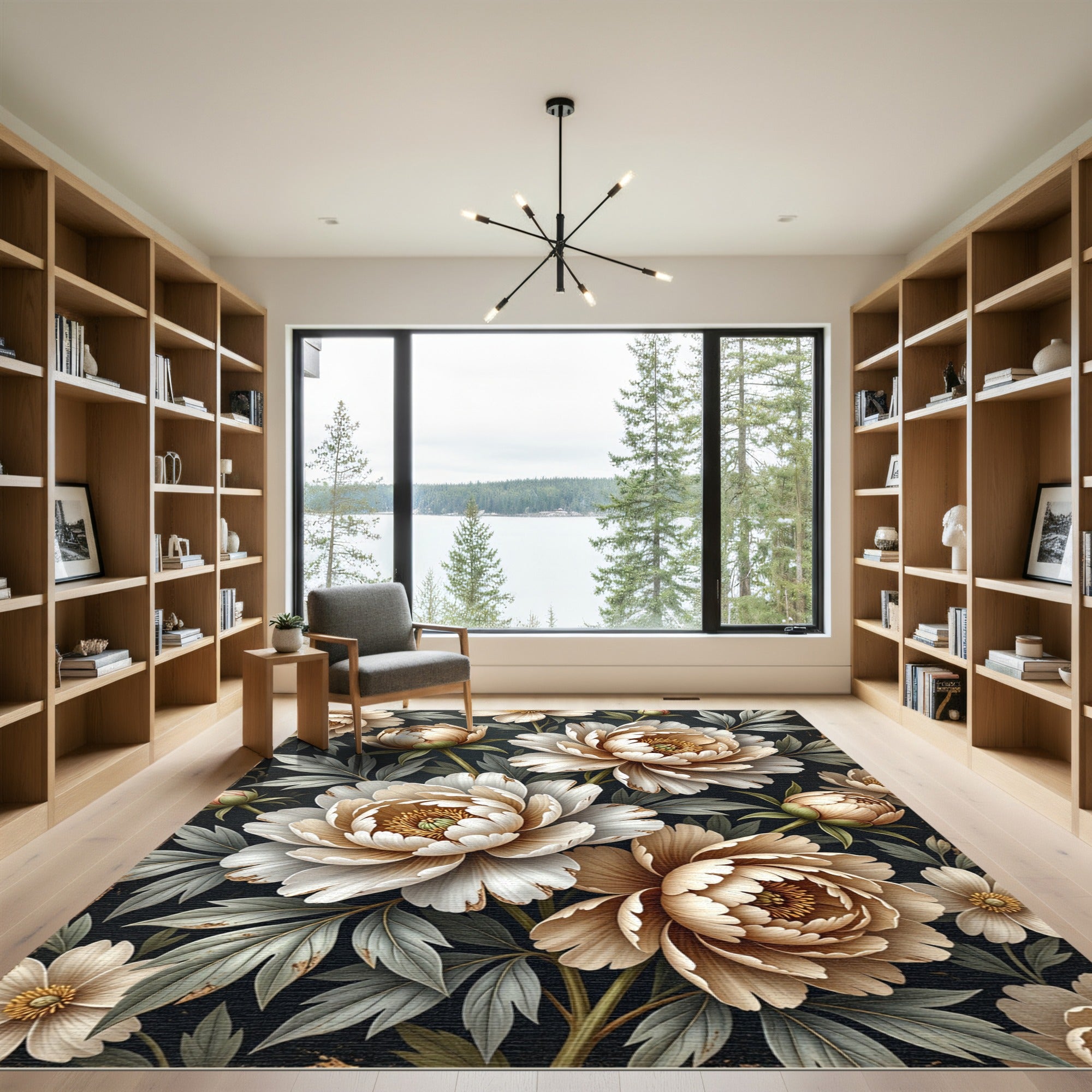 Creamy White Peony Floral Garden Rug