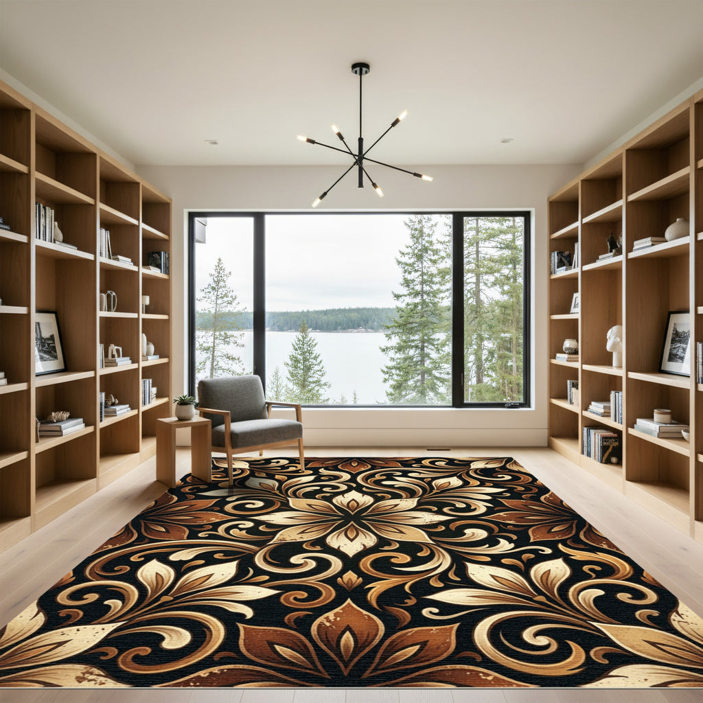 Golden Brown Floral Swirl Medallion Rug