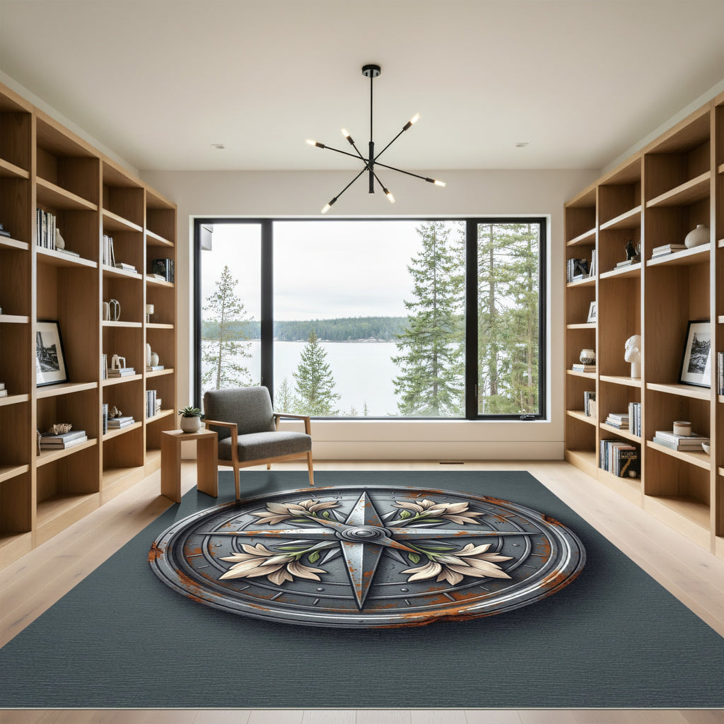 Floral Compass Steel Gray Iron Rug