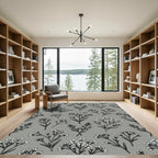 Delicate White Floral Sprigs Grey Background Rug