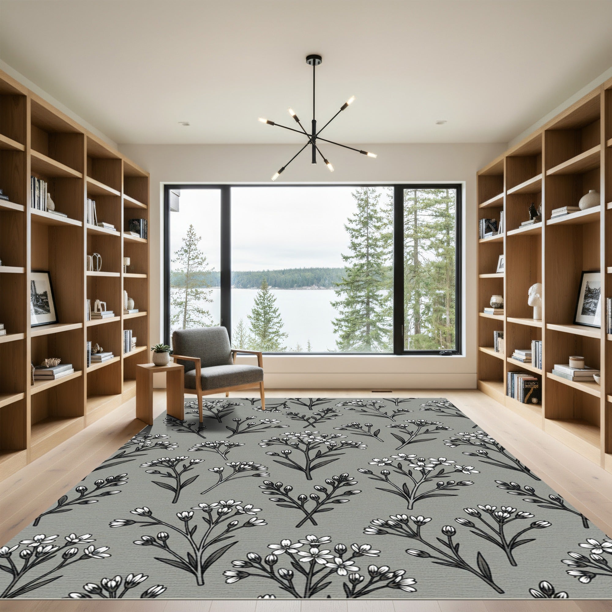 Delicate White Floral Sprigs Grey Background Rug