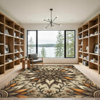 Elegant Beige Gold Floral Mandala Rug