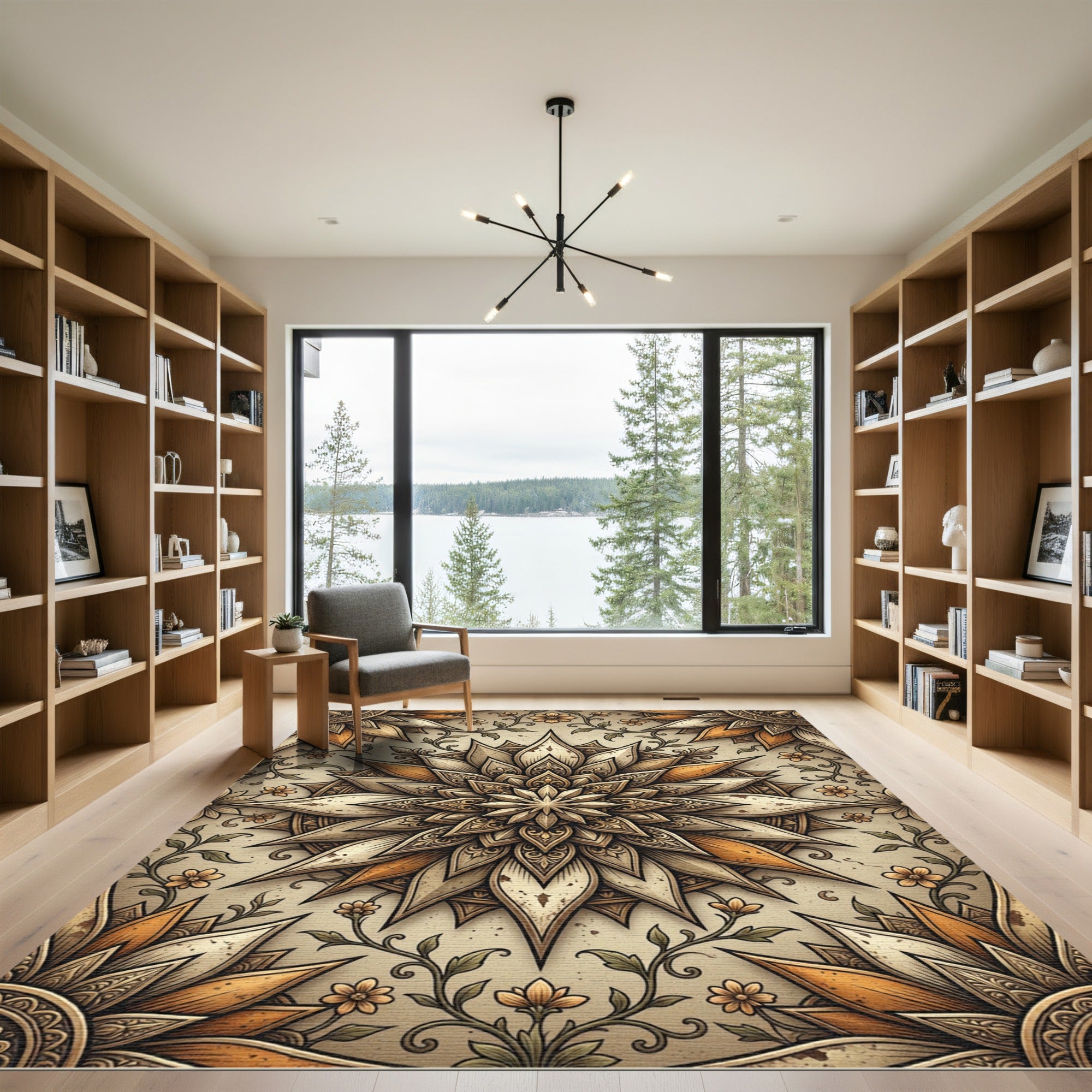Elegant Beige Gold Floral Mandala Rug