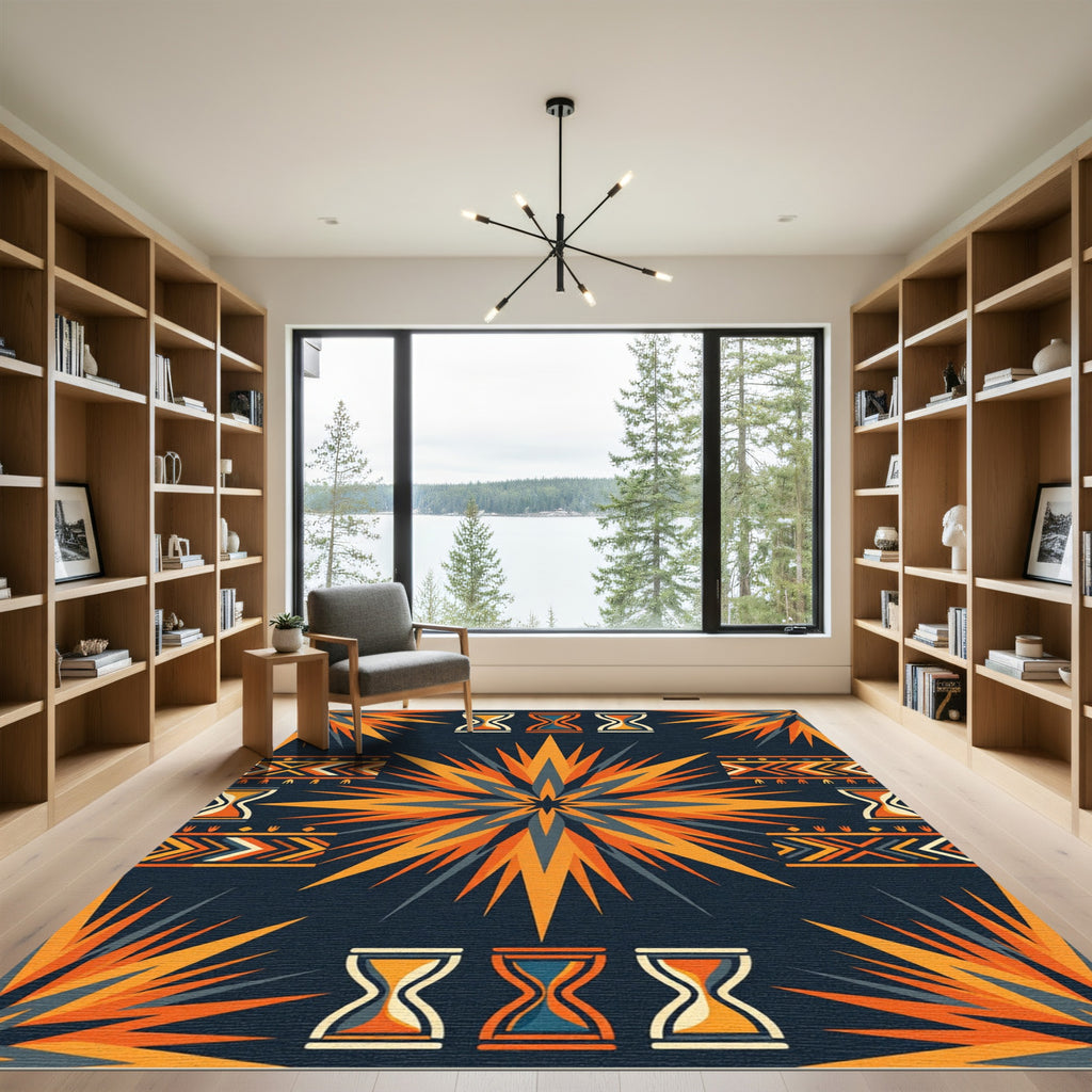 Radiant Amber Sunburst Geometric Hourglass Rug