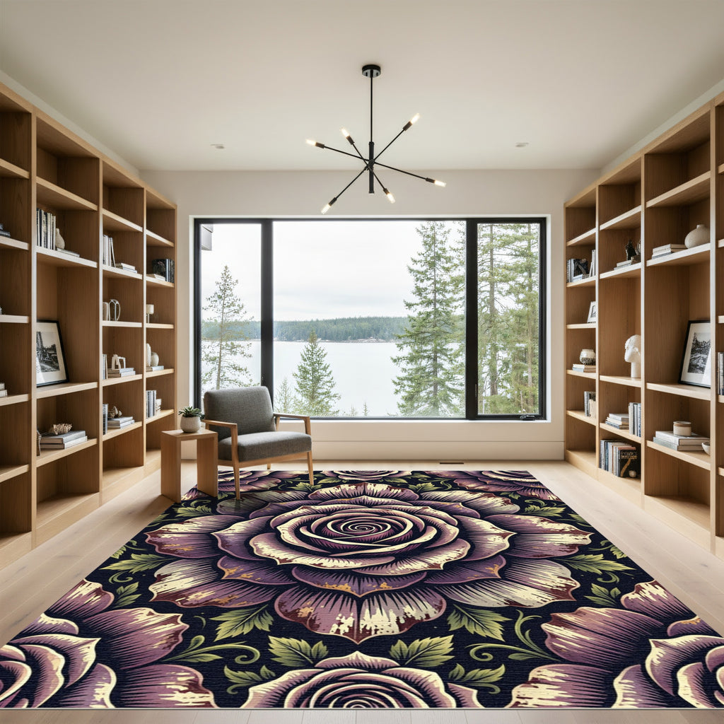 Vintage Violet Floral Engraved Medallion Rug