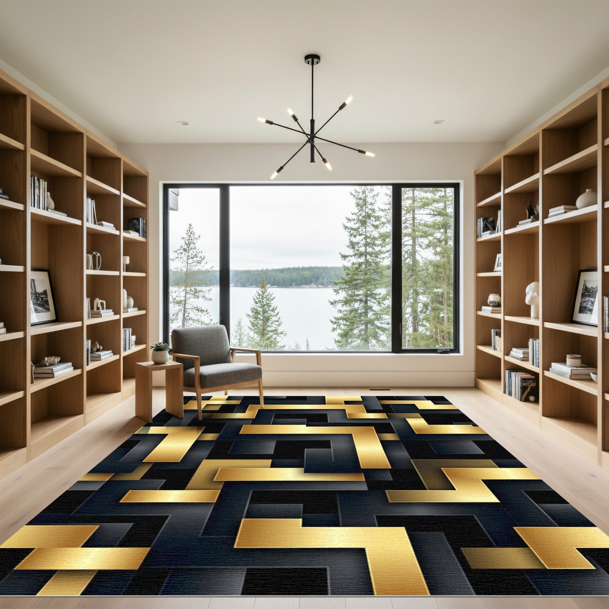 Gold Black Geometric Labyrinth Rug