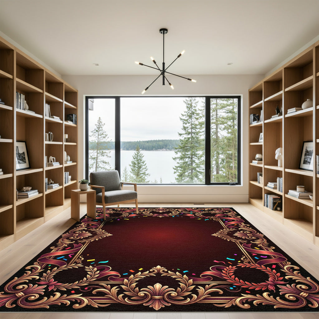 Ornate Red Ribbon Laurel Wreath Rug