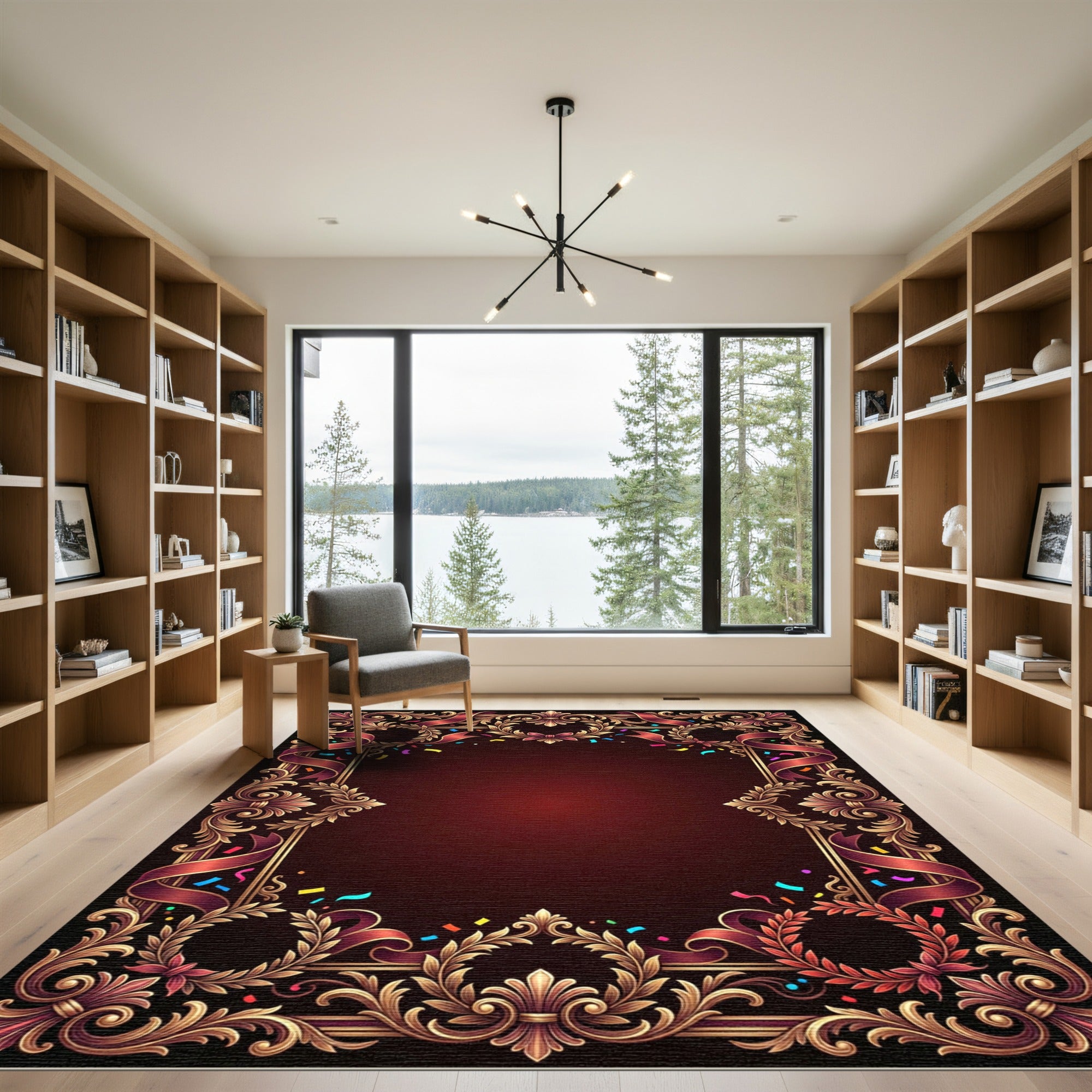 Ornate Red Ribbon Laurel Wreath Rug