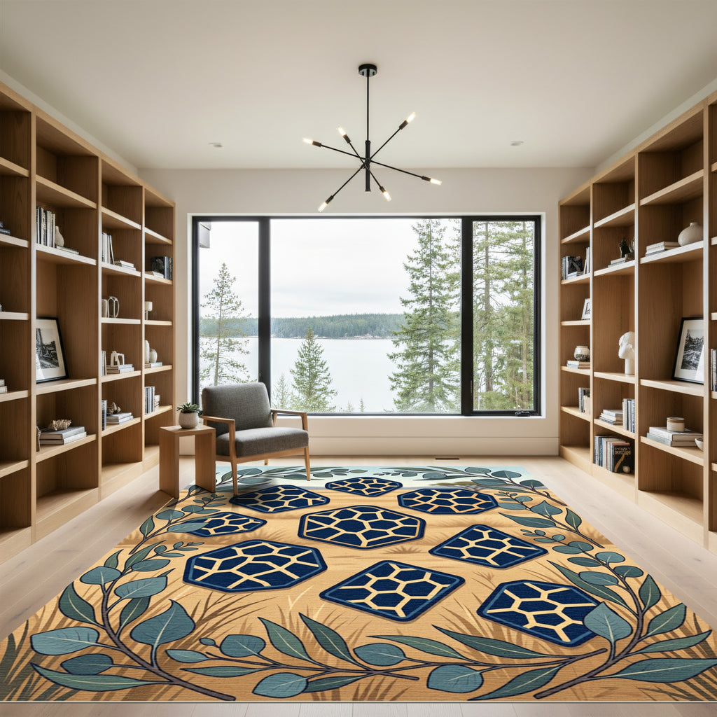 Navy Blue Geometric Hexagon Safari Mosaic Rug