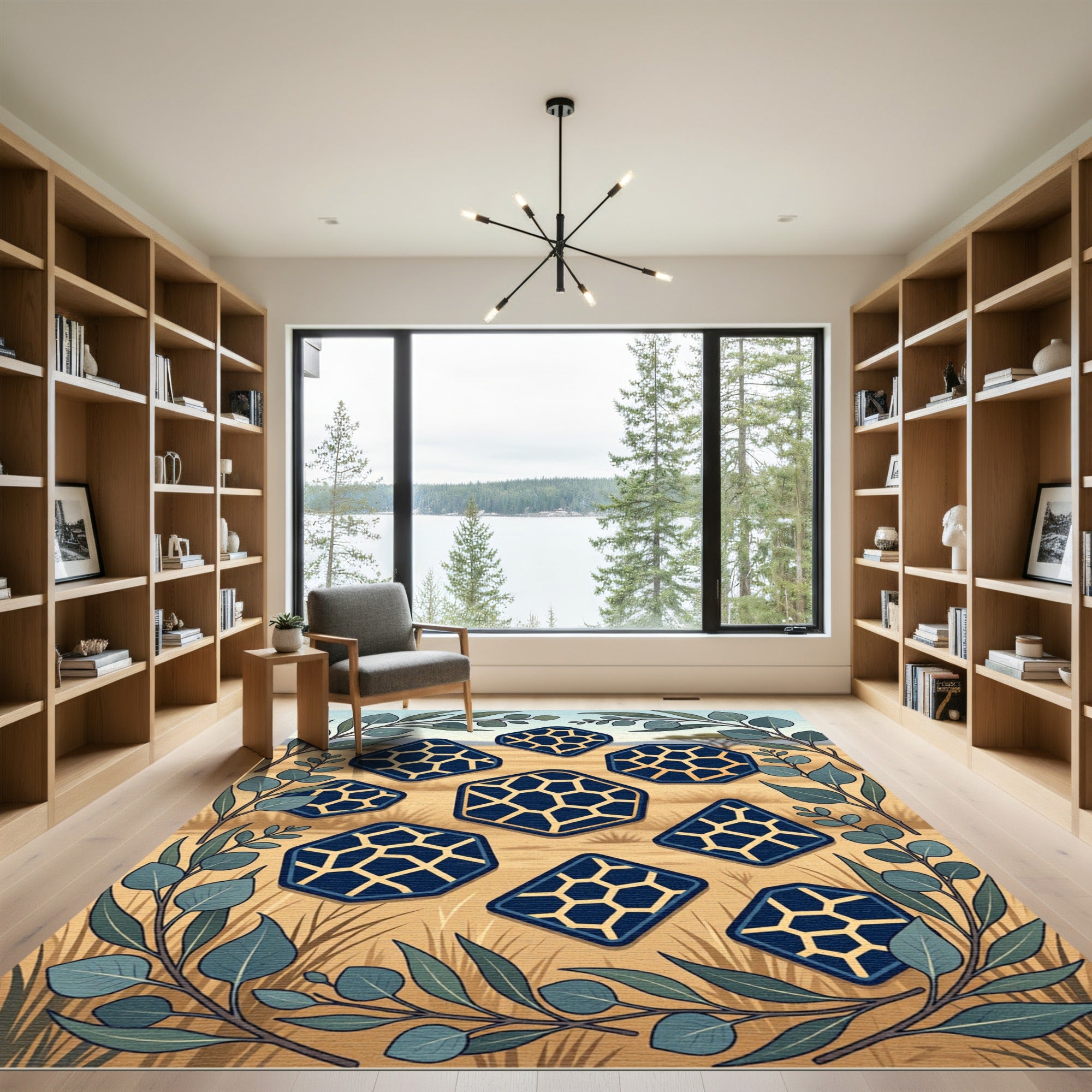 Navy Blue Geometric Hexagon Safari Mosaic Rug