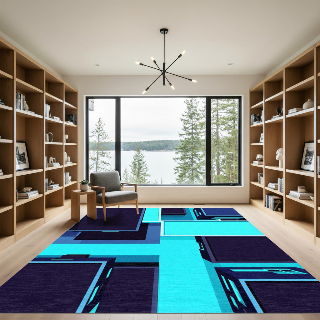 Deep Teal Abstract Cubic Structure Rug