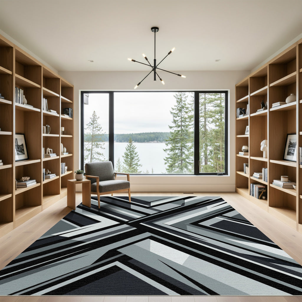Monochrome Geometric Charcoal Abstract Angular Rug