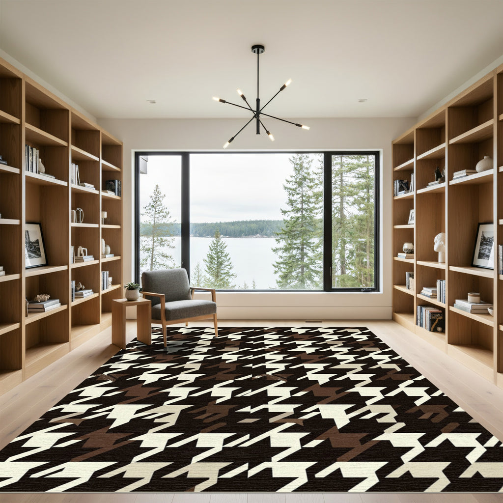 Brown Cream Houndstooth Geometric Accent Rug