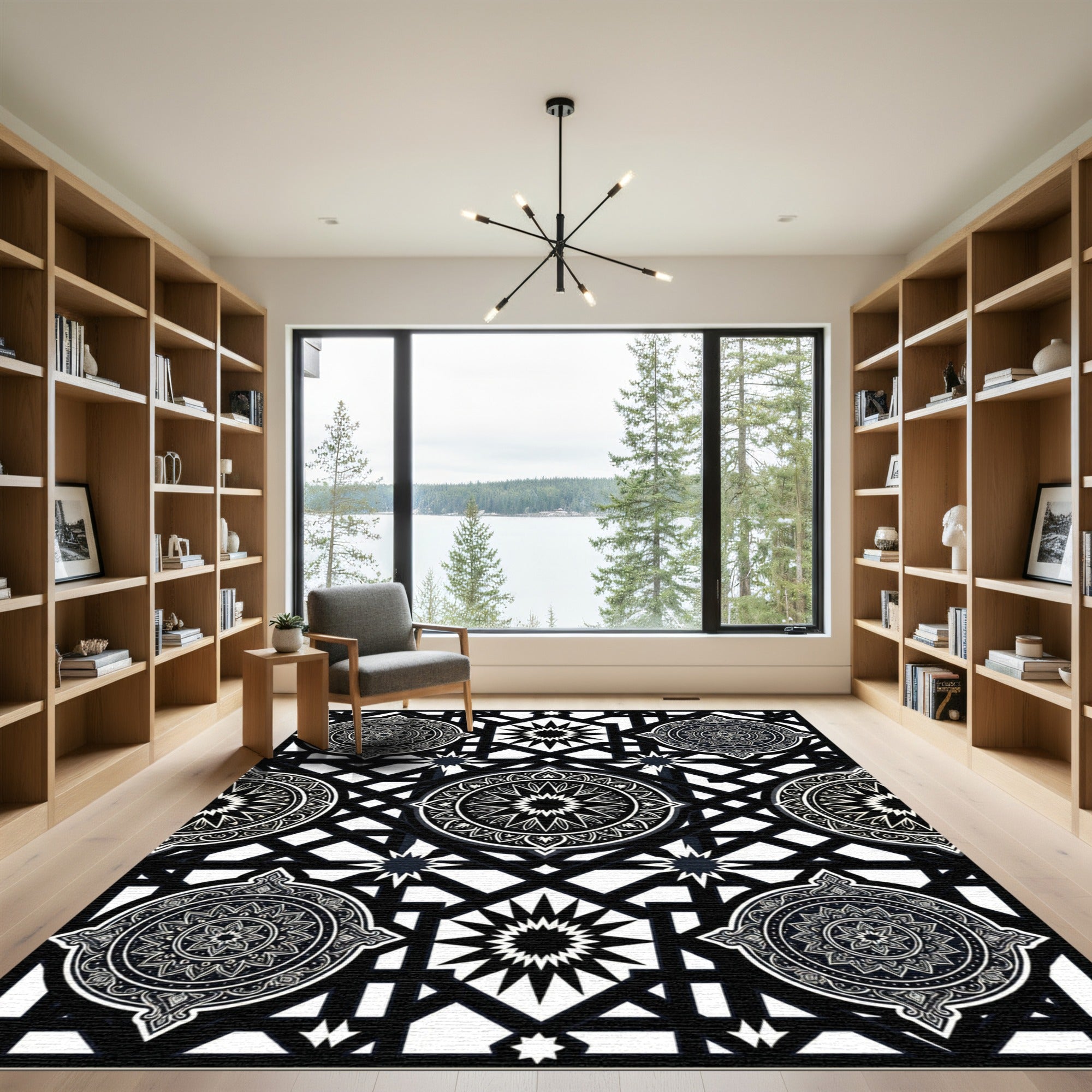 Monochromatic Geometric Mandala Star Tile Rug