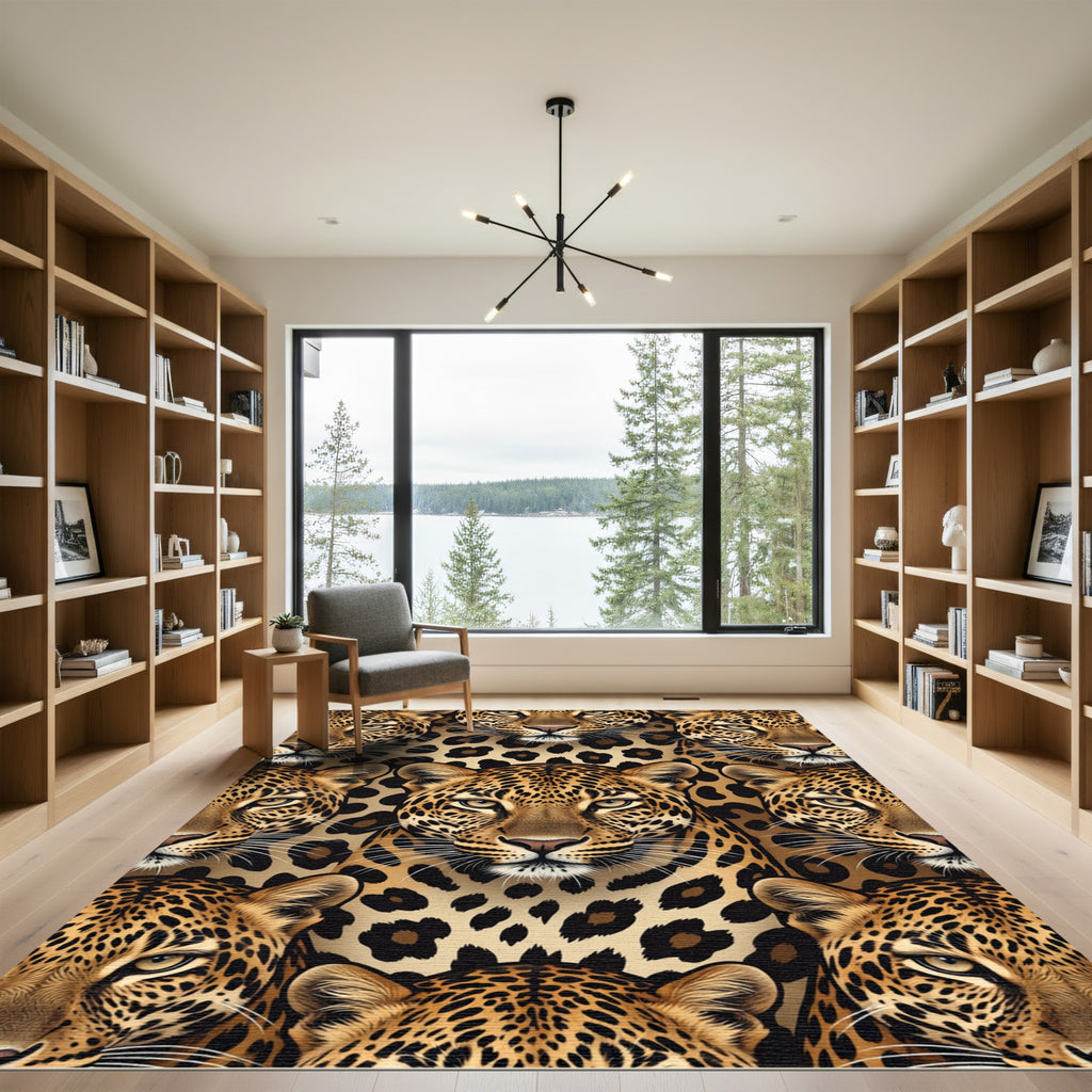 Bold Golden Leopard Face Mosaic Rug