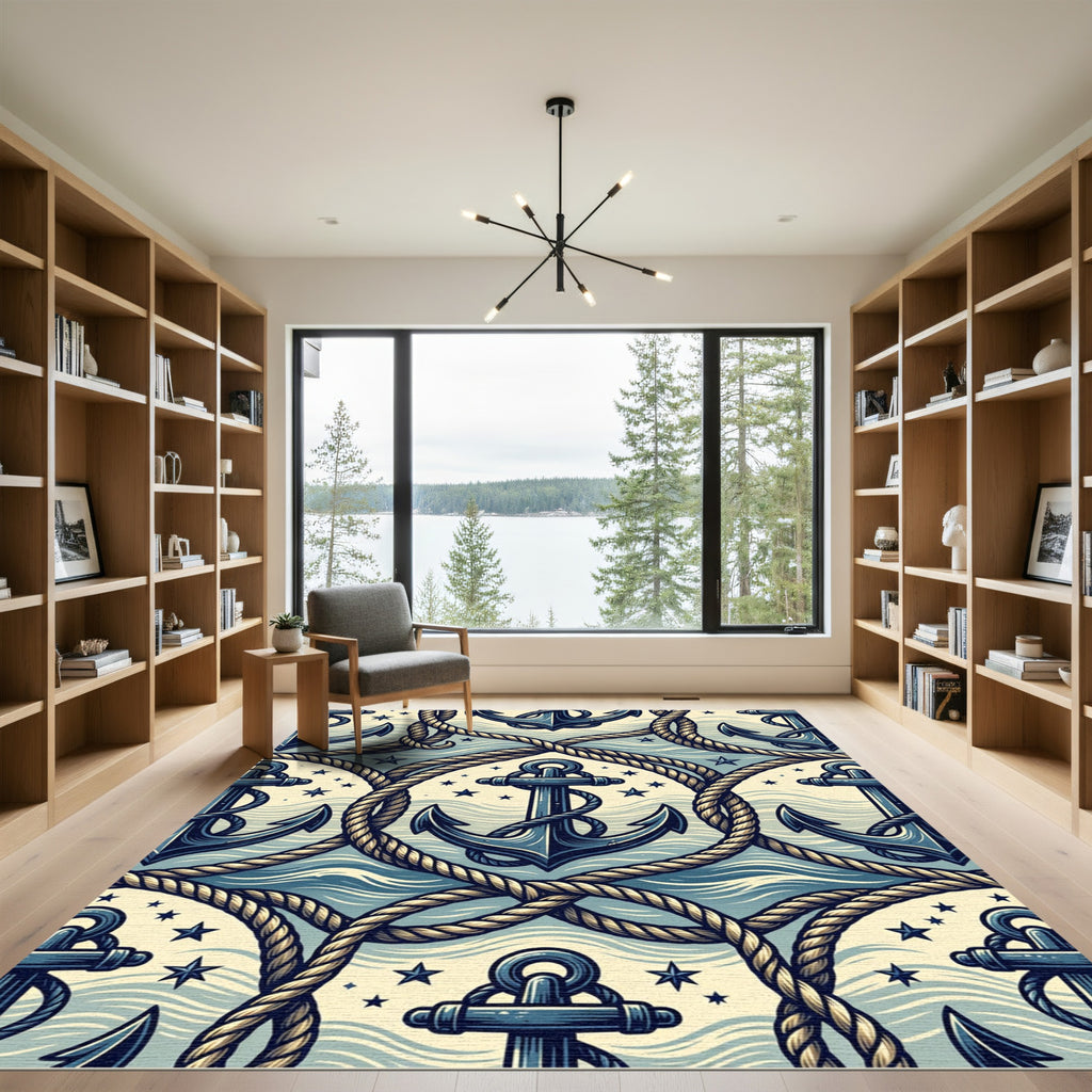 Nautical Anchor Rope Marine Navy Cream Rug