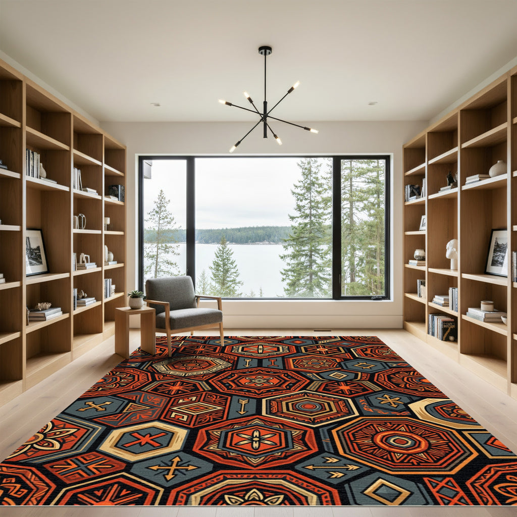 Tribal Hexagon Geometric Terracotta Ochre Art Rug