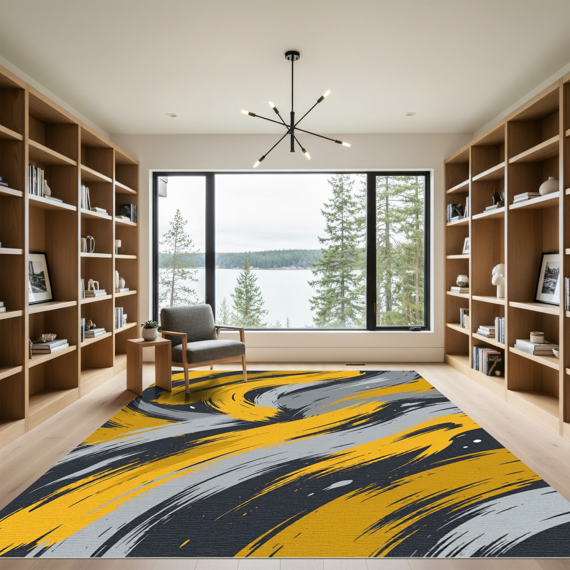Yellow Gray Swirling Strokes Rug