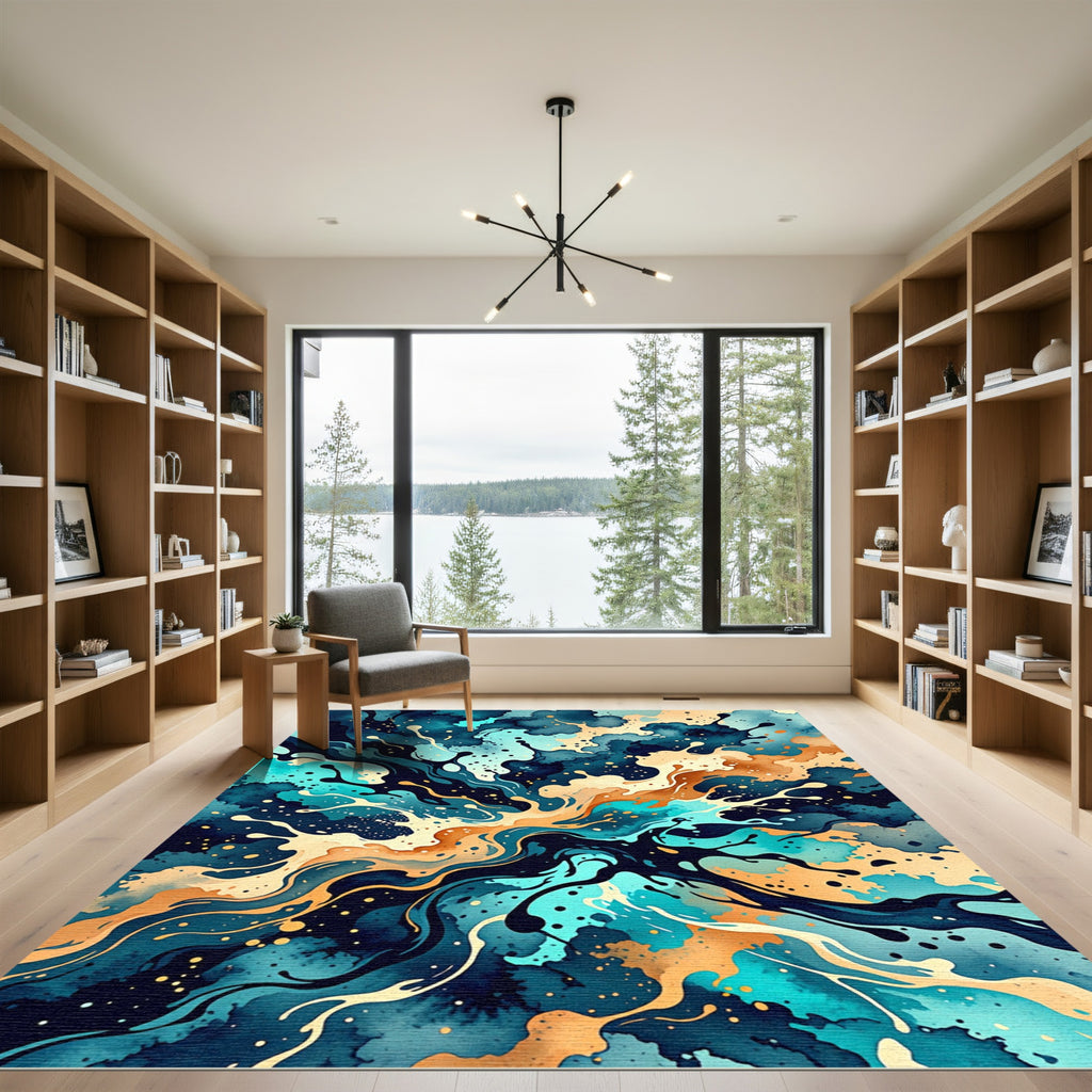 Teal and Amber Abstract Wave Fluid Rug