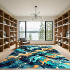 Teal and Amber Abstract Wave Fluid Rug