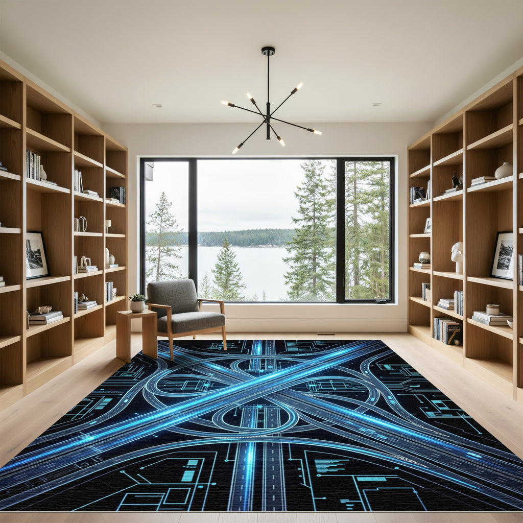 Cyber Neon Highway Interchange Schematic Rug