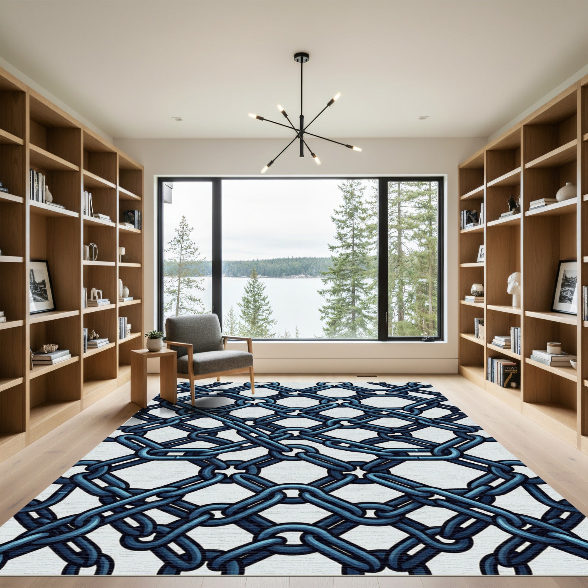 Indigo Metallic Linked Chain Grid Rug