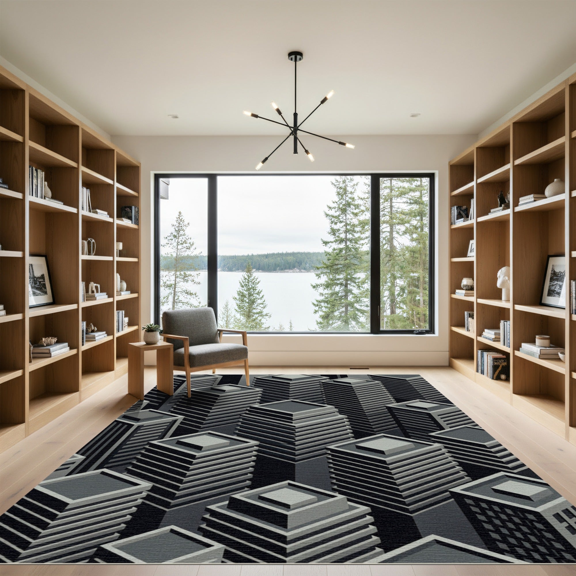 Monochromatic Isometric Cityscape Buildings Rug