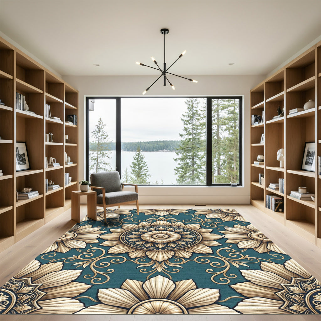 Elegant Teal Gold Floral Medallion Rug