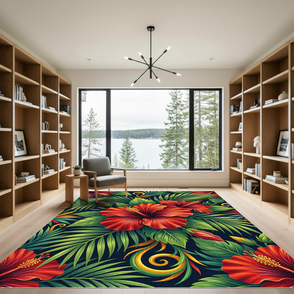 Vibrant Red Hibiscus Tropical Leaves Rug