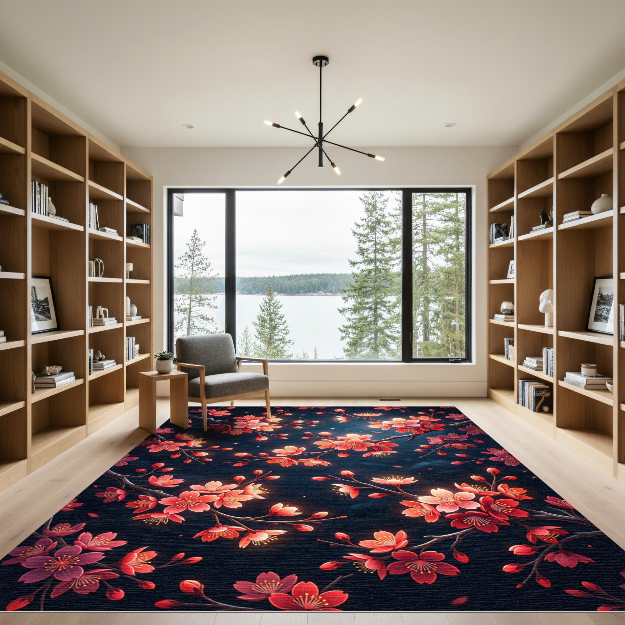 Vibrant Cherry Blossom Branches Dark Rug