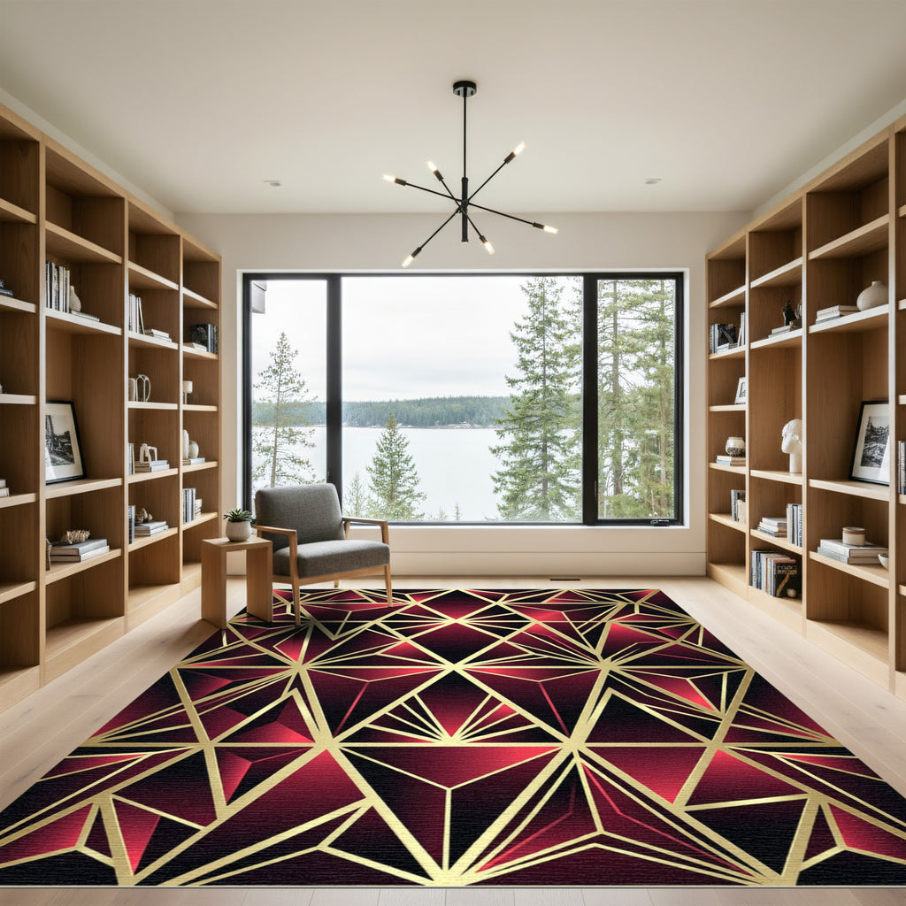 Luxurious Crimson Gold Geometric Facet Rug