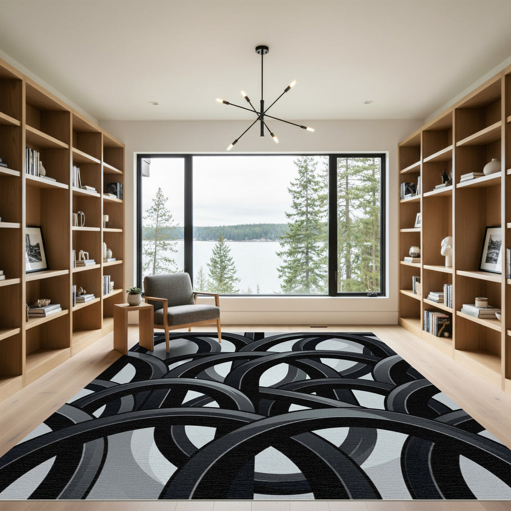 Black Interlocking Ring Abstract Rug