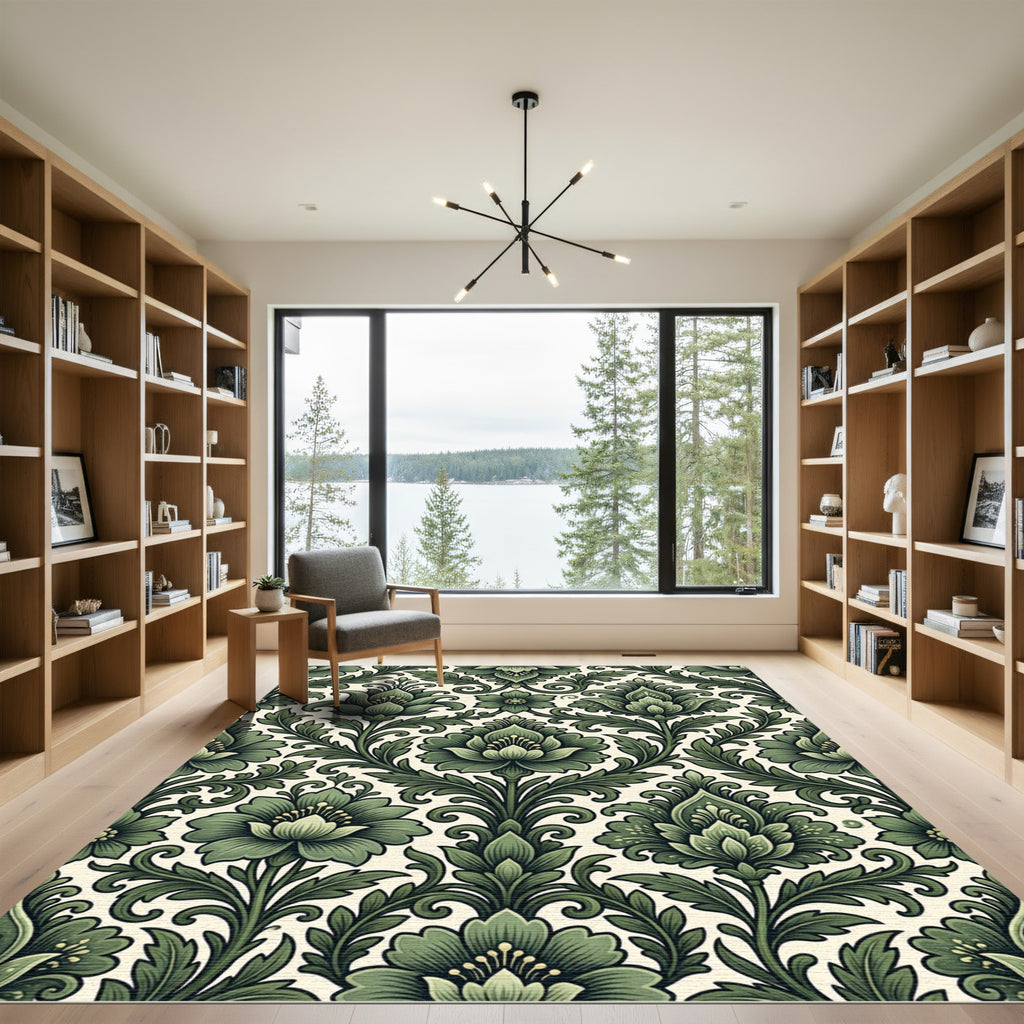 Elegant Sage Green Damask Floral Scroll Rug