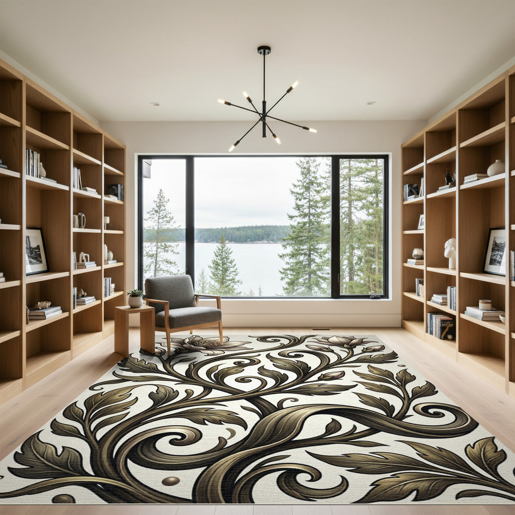 Ornate Bronze Floral Vine Swirl Rug