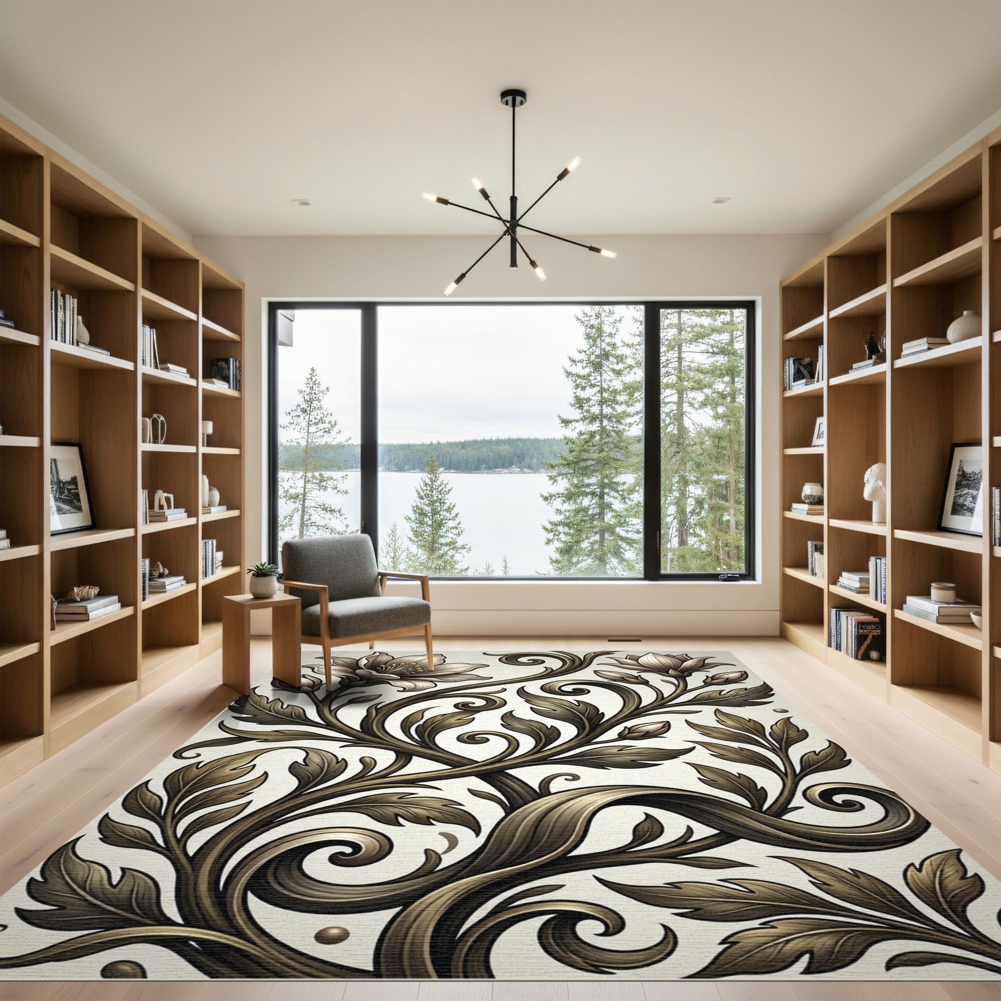 Ornate Bronze Floral Vine Swirl Rug