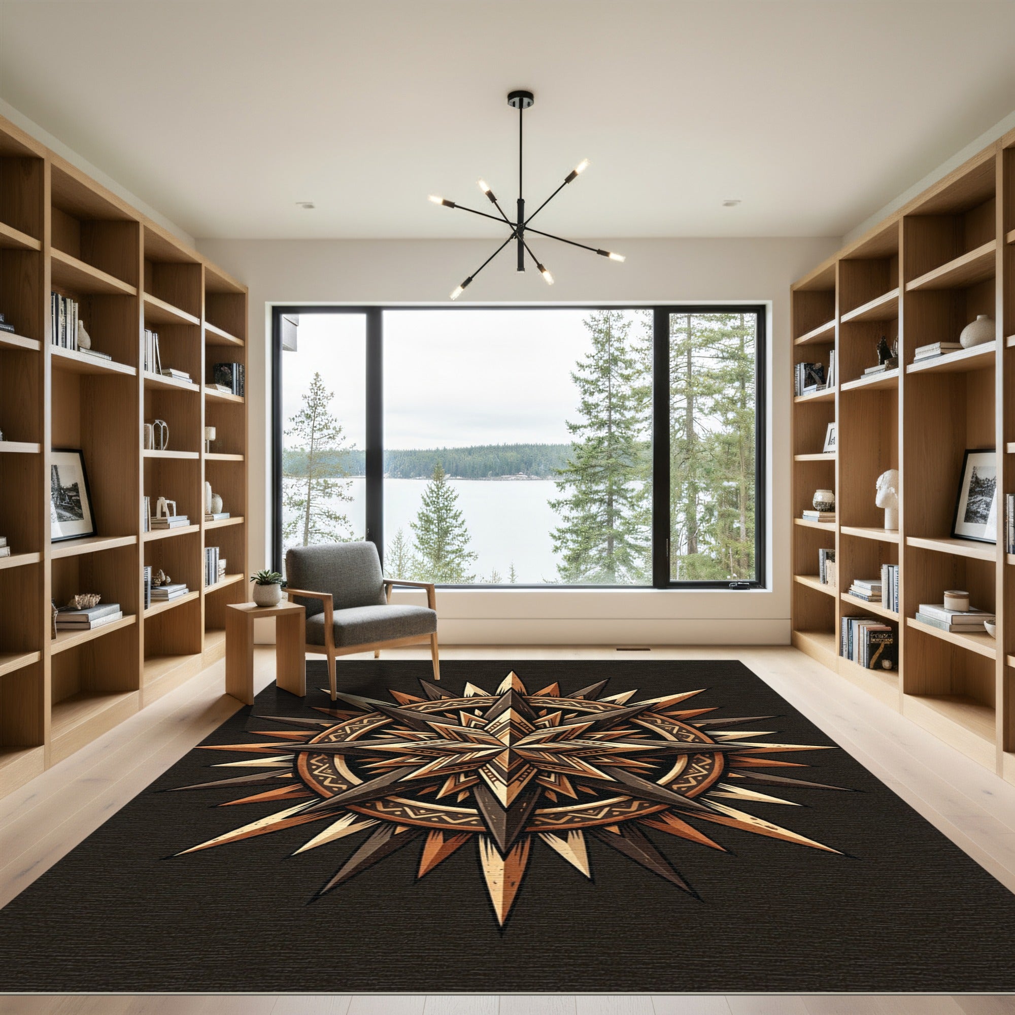 Earthy Bronze Geometric Sunburst Medallion Rug