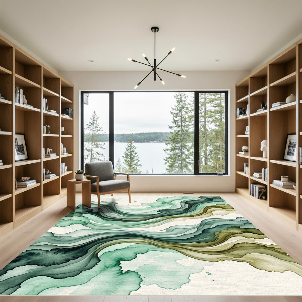 Emerald Moss Abstract Wave Fluid Art Rug