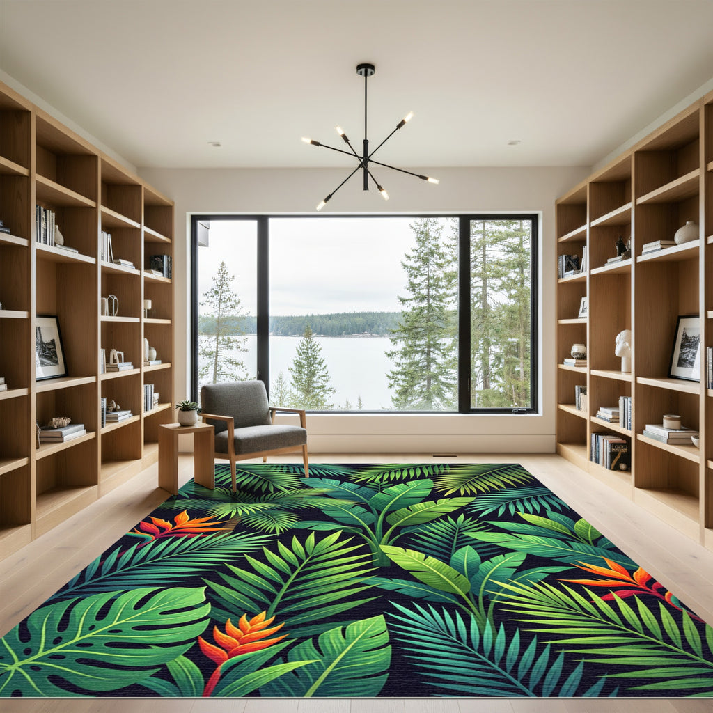 Vivid Green Jungle Leafery Arrangement Rug