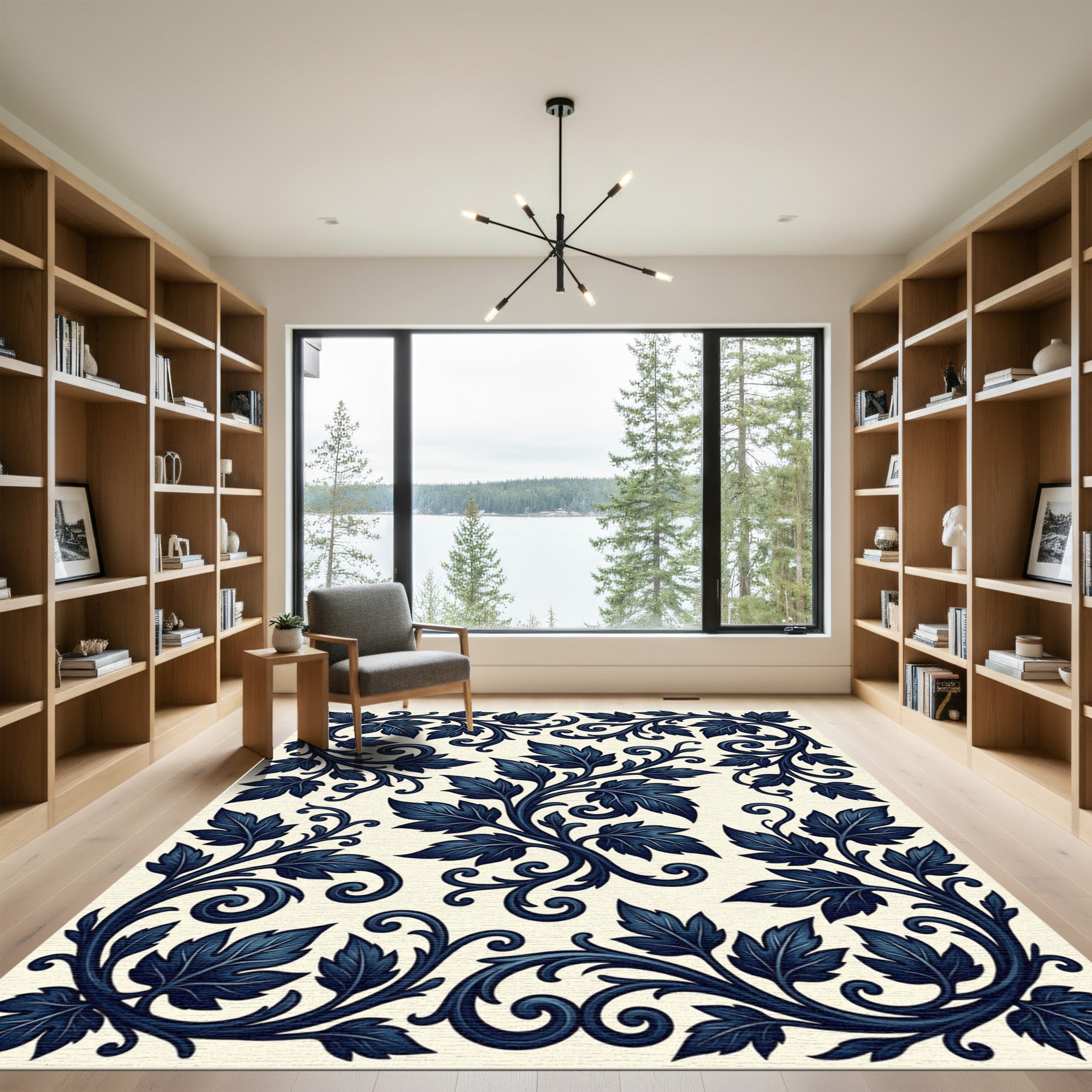 Deep Navy Acanthus Scrollwork Swirls Rug