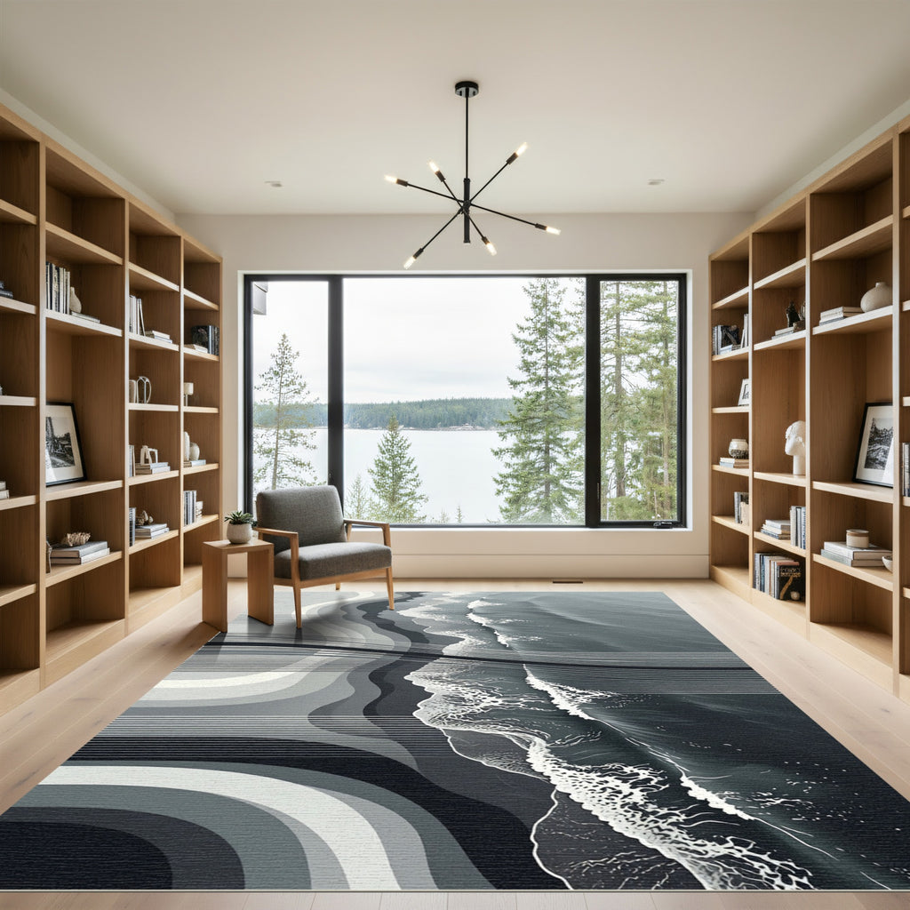 Minimalist Monochrome Abstract Ocean Wave Rug